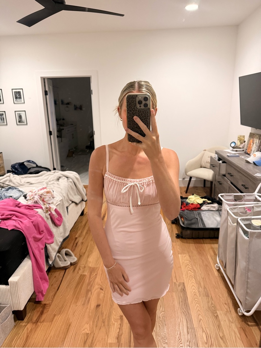 Glossier Light Pink Satin Slip Mini Dress with Bow Detail